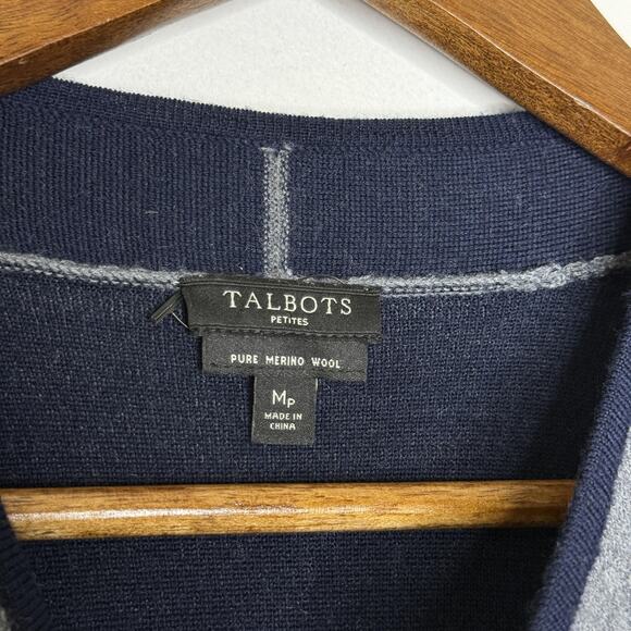 Talbots Sweater Womens Medium Petite Navy Gray Merino Wool Striped Cardigan - Picture 3 of 6